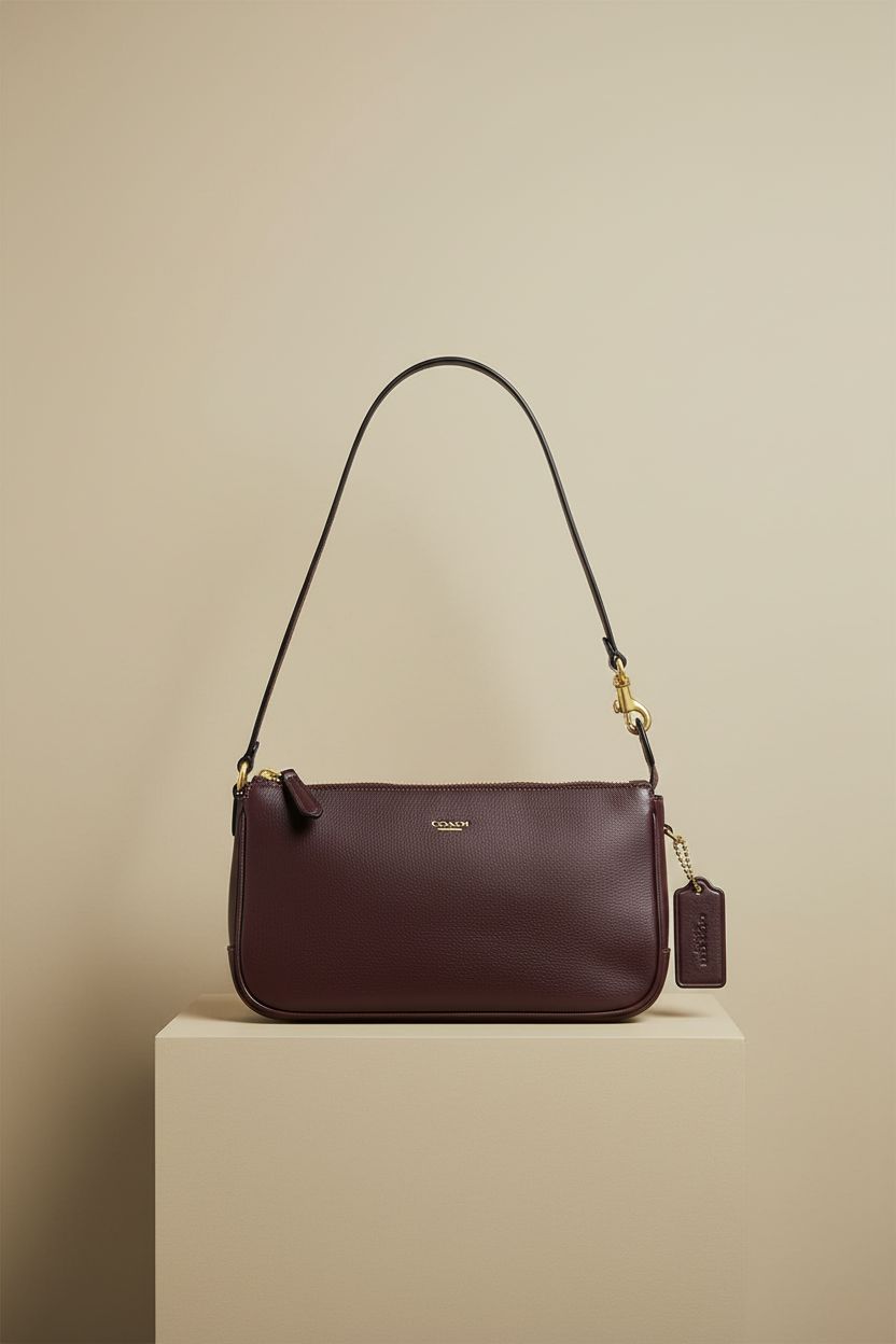Close-up of Coach Natural Grain Leather Plaza Bag, highlighting its quality leather and sleek design.