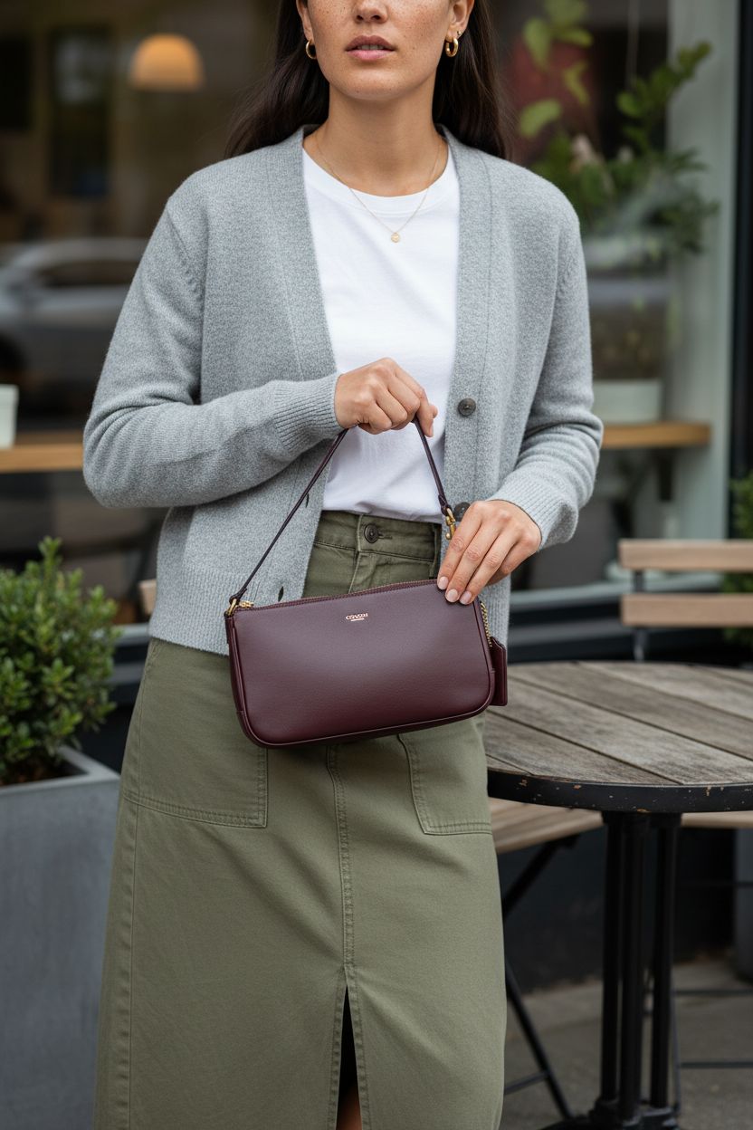 Stylish Coach Natural Grain Leather Plaza Bag on bistro table, perfect for everyday elegance and functionality.
