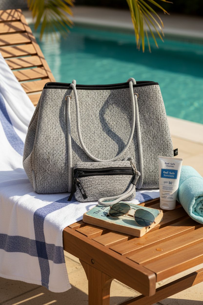 Pole Tribe neoprene tote bag on a poolside lounge, highlighting its durability and water resistance.