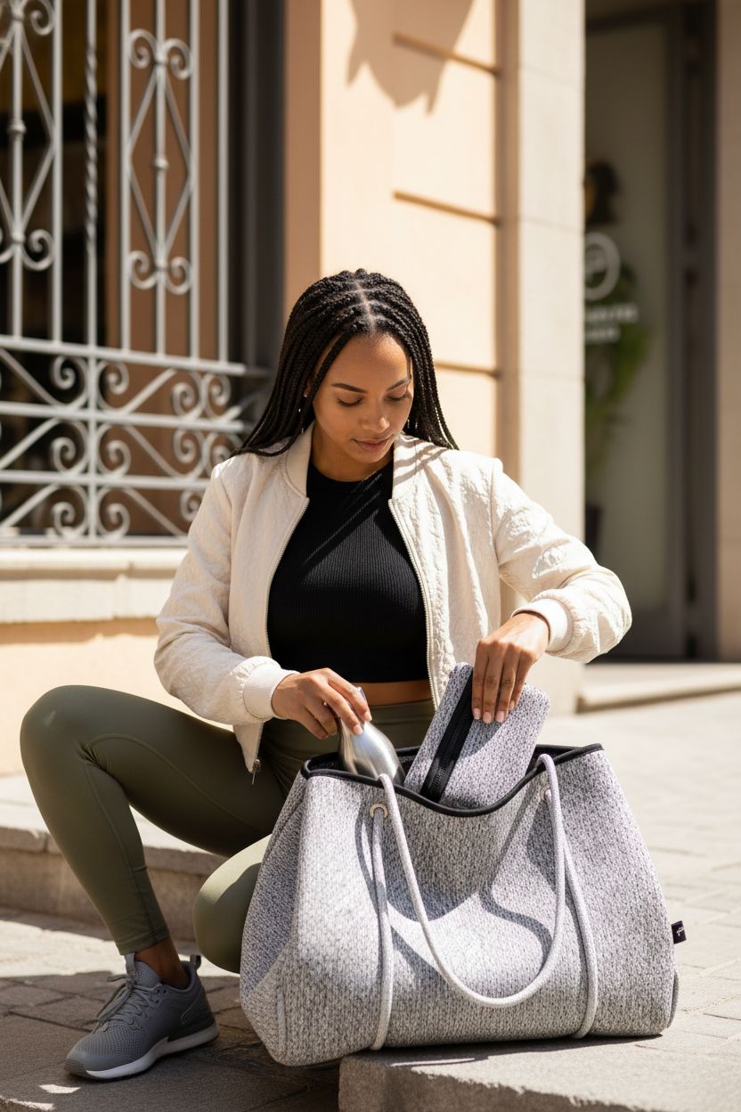 Grey neoprene tote bag by Pole Tribe opened beside fitness gear, perfect for gym and everyday use.