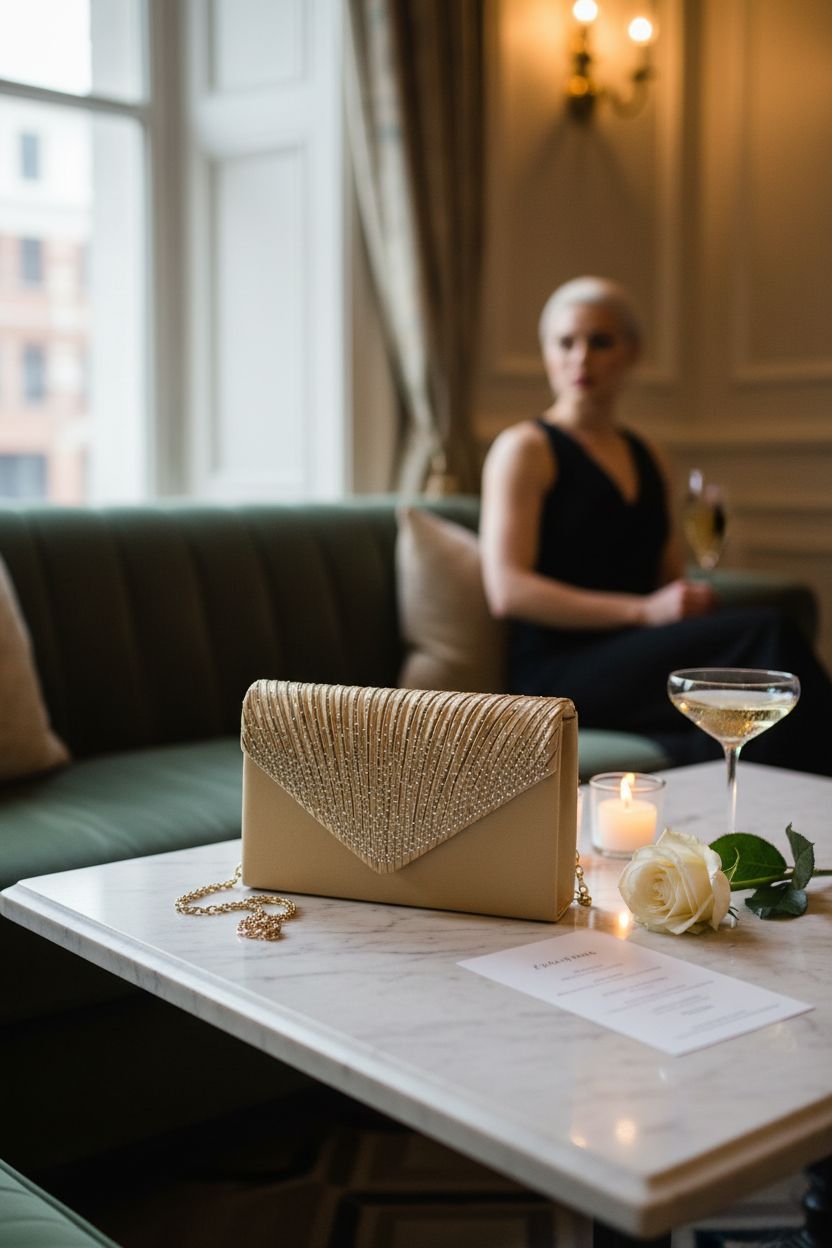 Groupcow gold evening handbag displayed on a marble table, enhancing elegant lounge settings with sophistication.