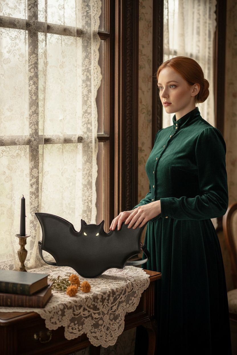 Winatehr bat bag on antique wood console with dried flowers, creating a cozy gothic atmosphere.