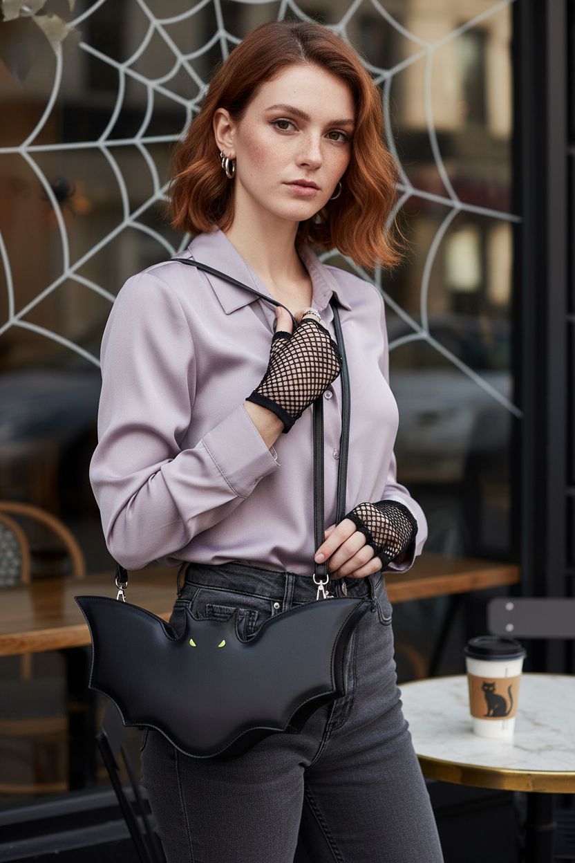 Gothic bat shoulder bag by Winatehr styled with lilac blouse and charcoal jeans outside a café.