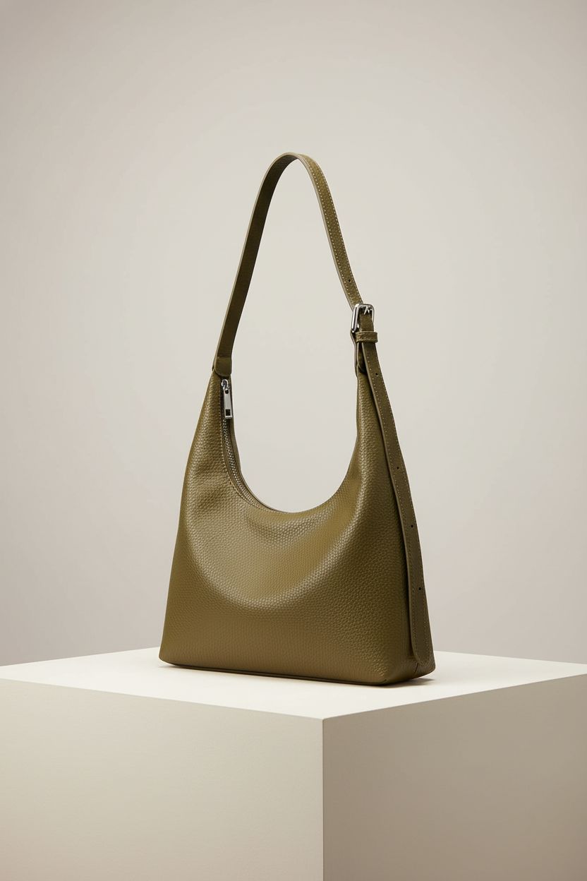 KALIDI olive crescent tote bag displayed in a studio, highlighting its elegant vegan leather
