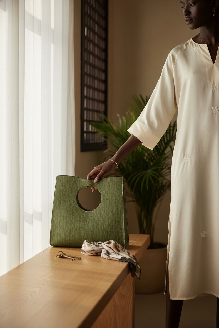 HOXIS olive bag resting on oak bench, keys and scarf nearby in soft morning light