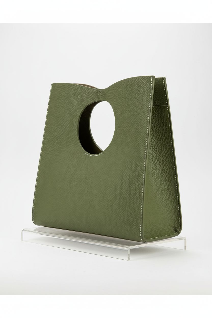 HOXIS olive purse showcased on acrylic riser, highlighting pebbled texture and design