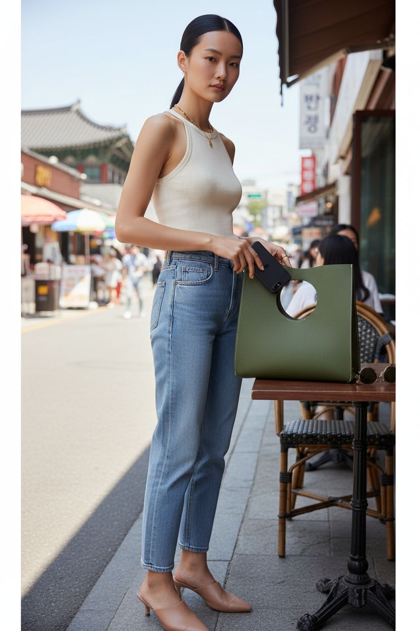 HOXIS vintage minimalist olive handbag clutch in a café setting, phone sliding in