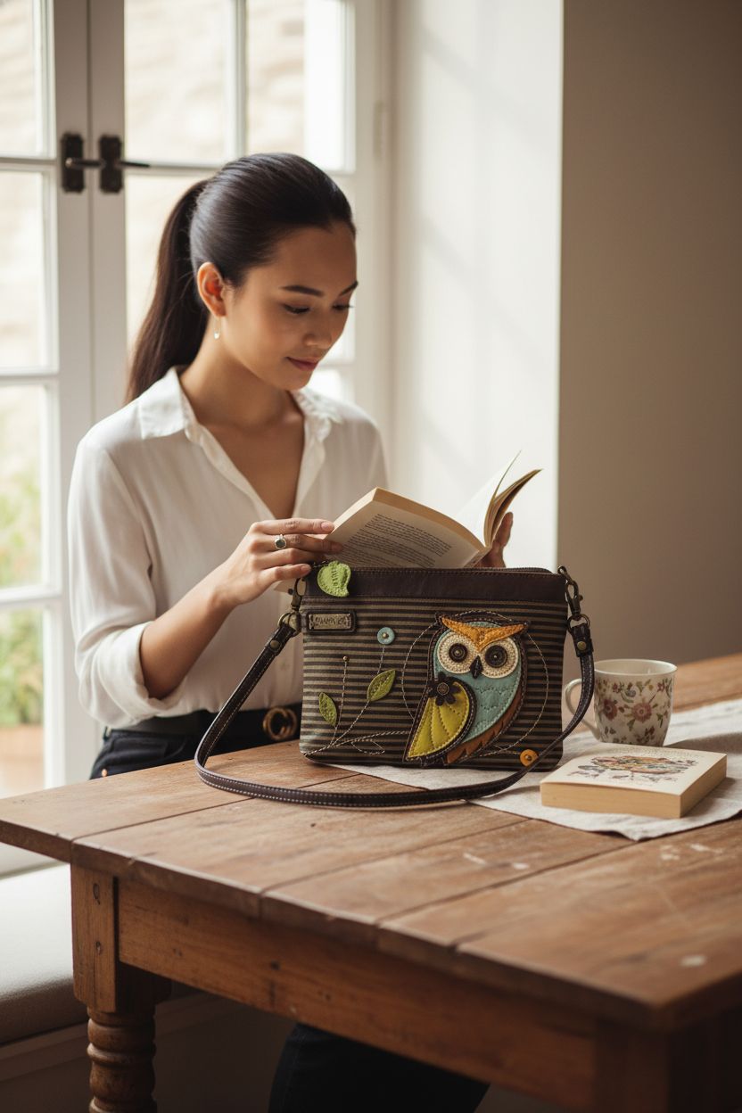 Chala owl purse beside a book and mug, creating a serene reading nook atmosphere.