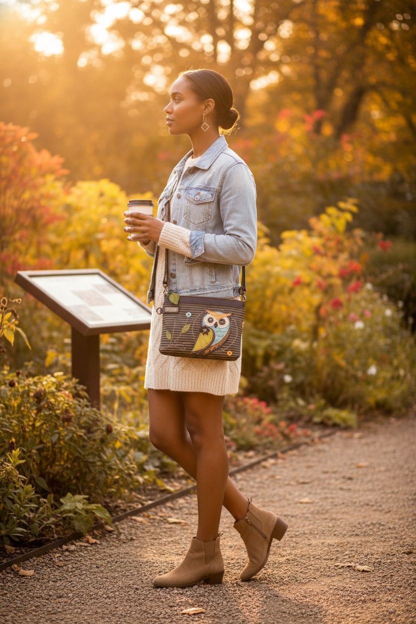 Chala owl purse resting against a stylish outfit in a park during autumn light.