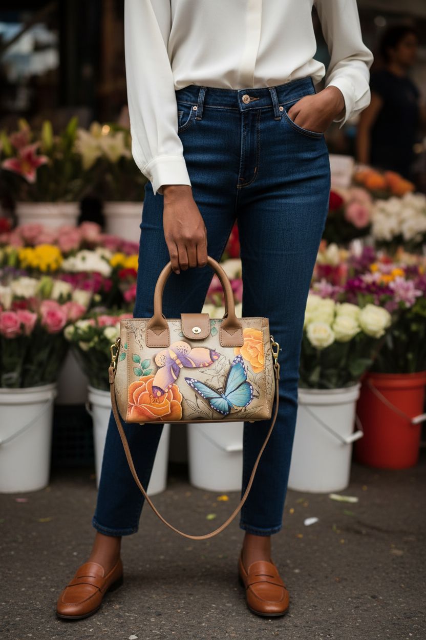 Anna by Anuschka floral painted leather tote in a vibrant flower market setting.