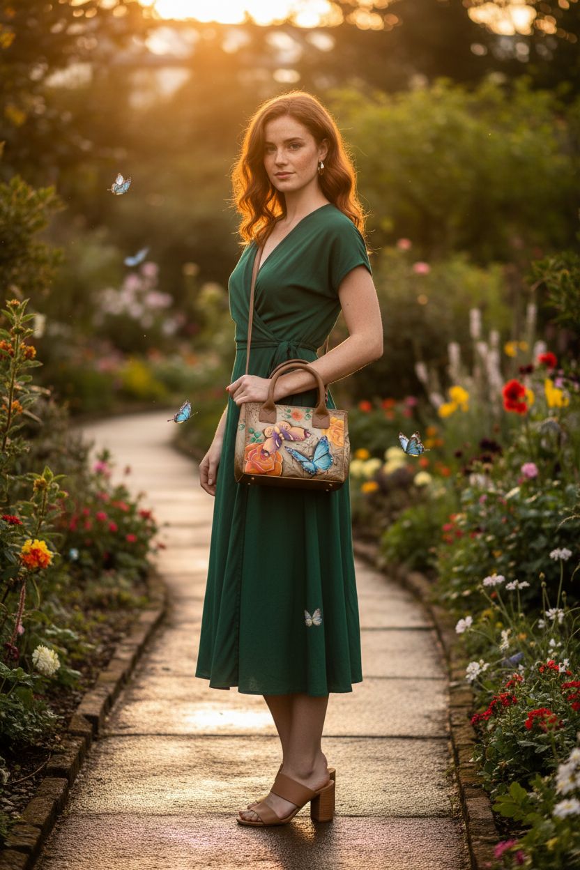 Anna by Anuschka small leather crossbody bag with floral designs in a botanical garden.