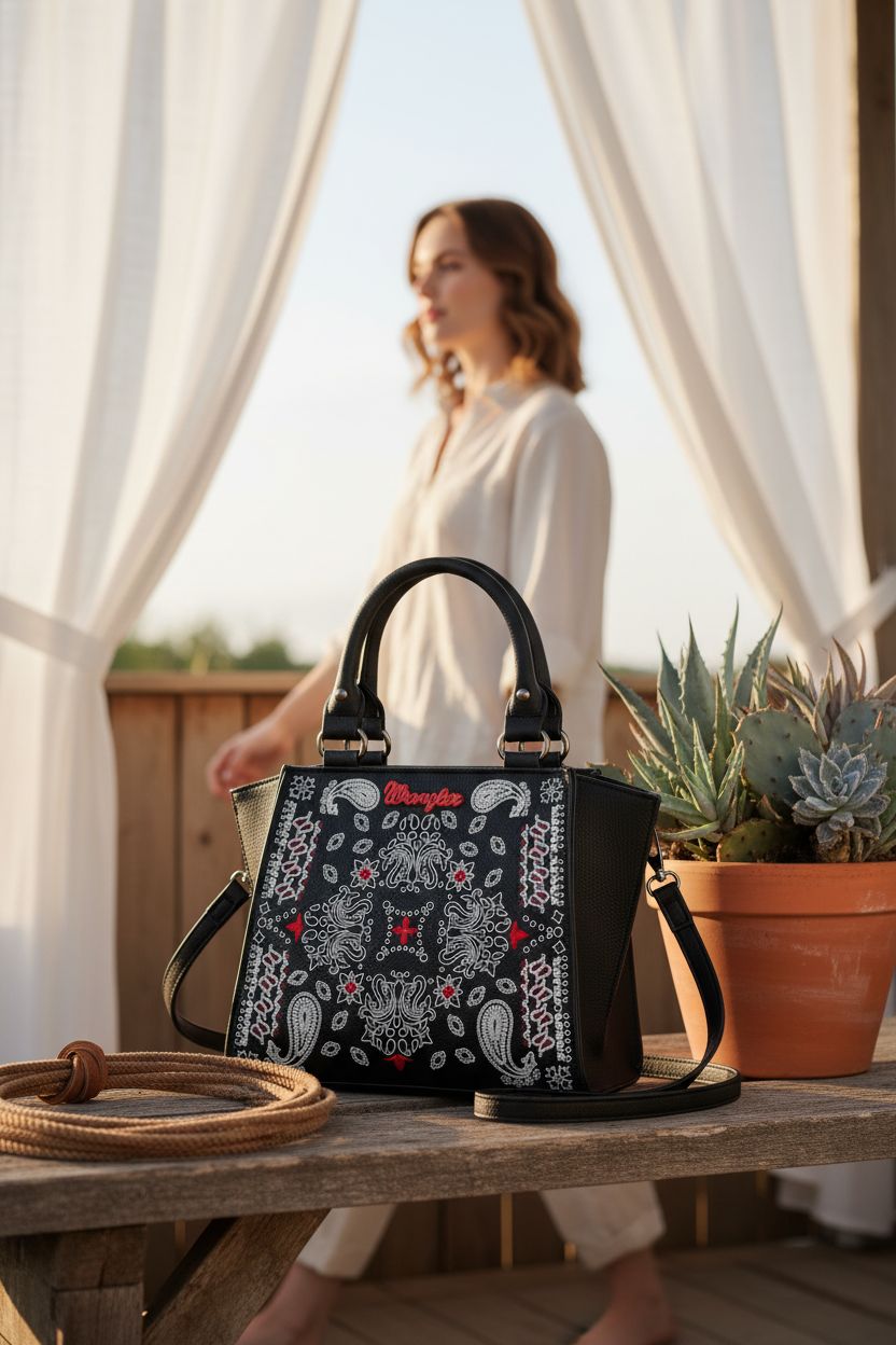 Montana West paisley purse on a rustic bench, surrounded by southwestern decor elements.