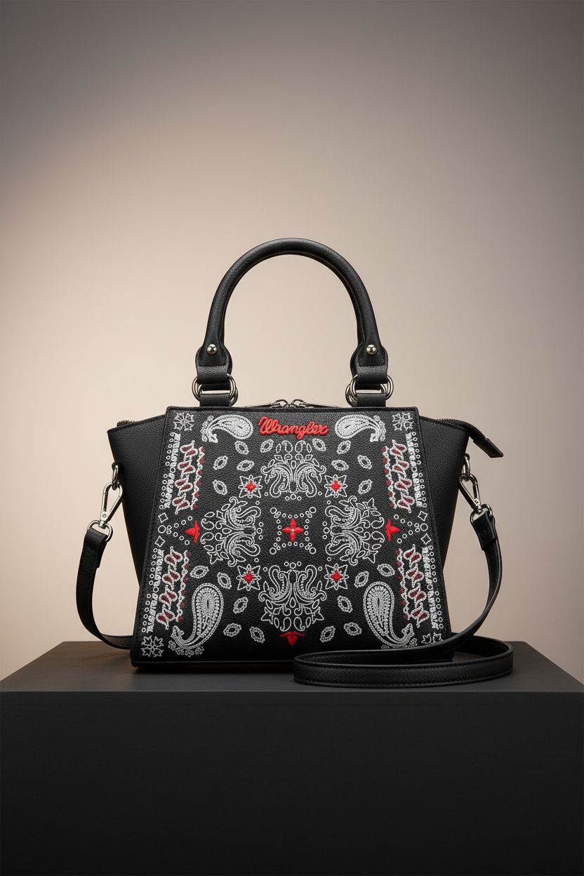 Close-up of Wrangler paisley purse showcasing intricate design and leather details by Montana West.