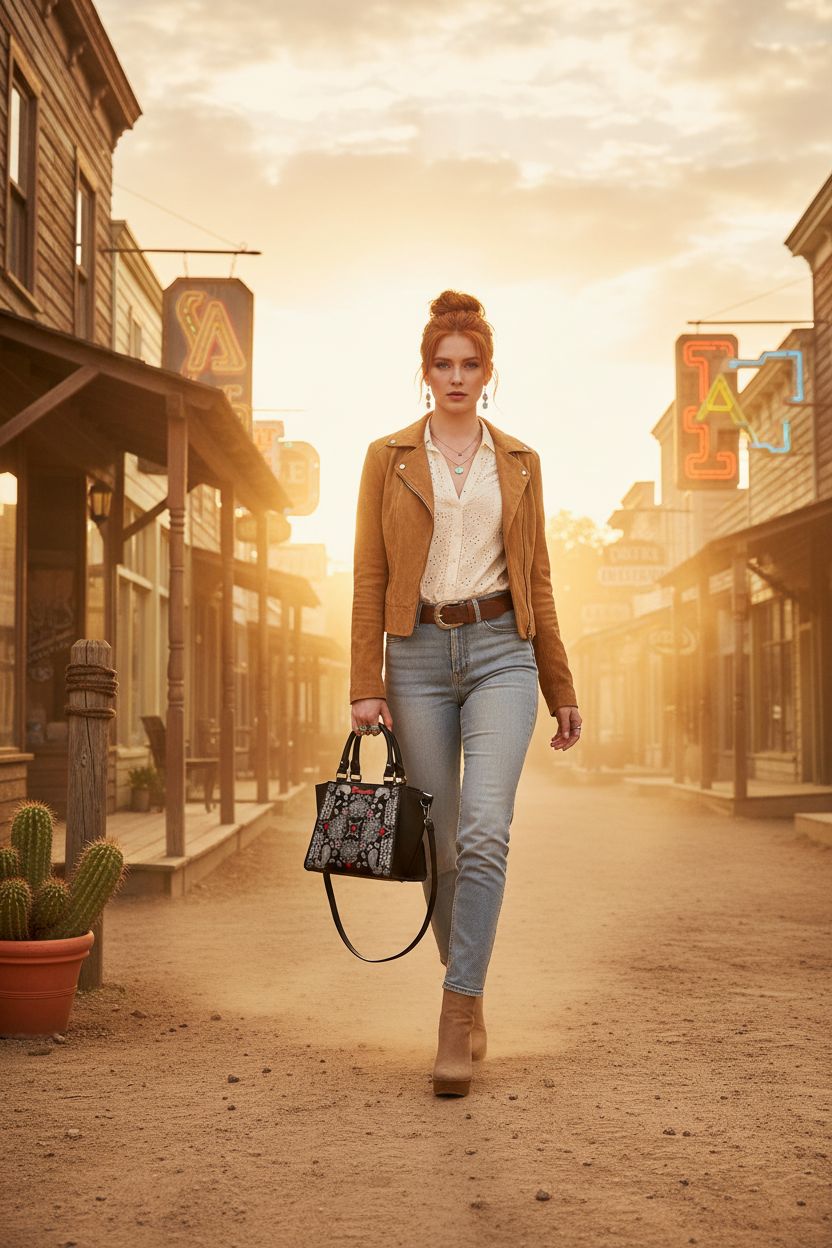 Black paisley handbag by Montana West, vibrant embroidery showcased in golden-hour light.