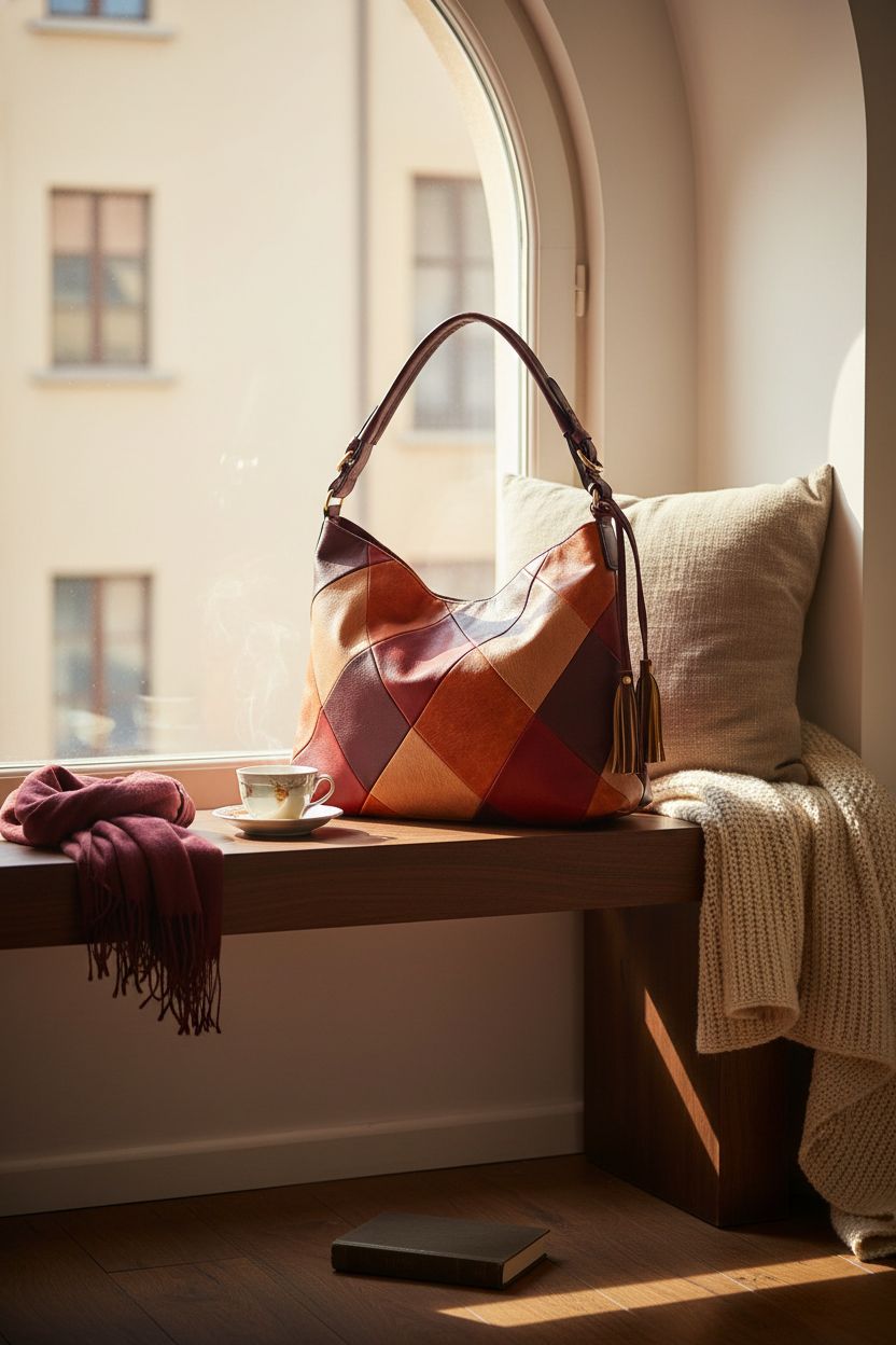 XingChen wine and orange patchwork hobo purse on a cozy bench with tea and a wool throw in natural light.