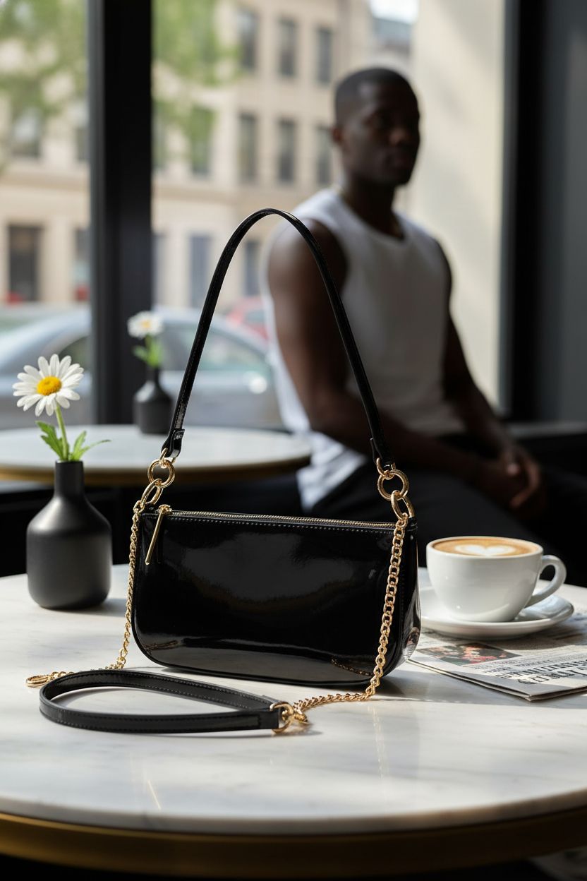 HOXIS patent leather purse resting elegantly on a marble table, adding sophistication to brunch.