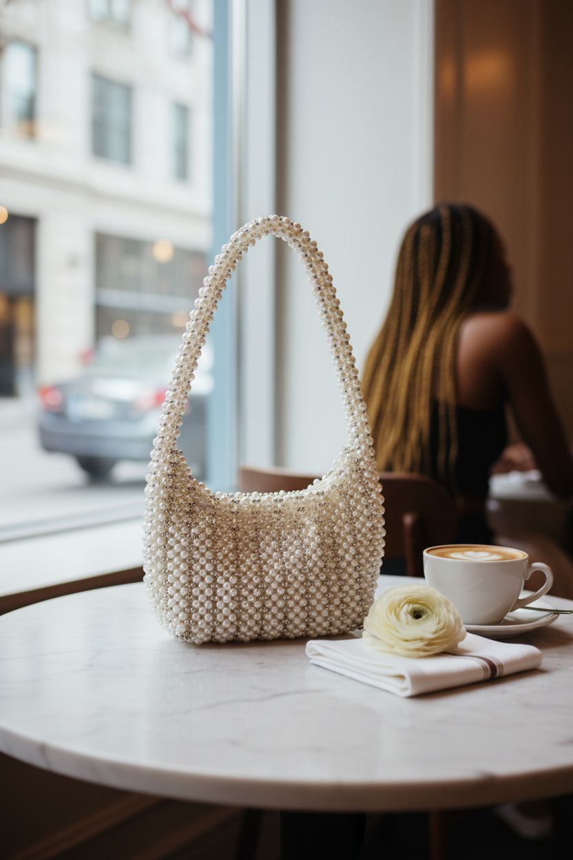 CHIC DIARY pearl shoulder bag resting on a marble table in a café, exuding sophistication.