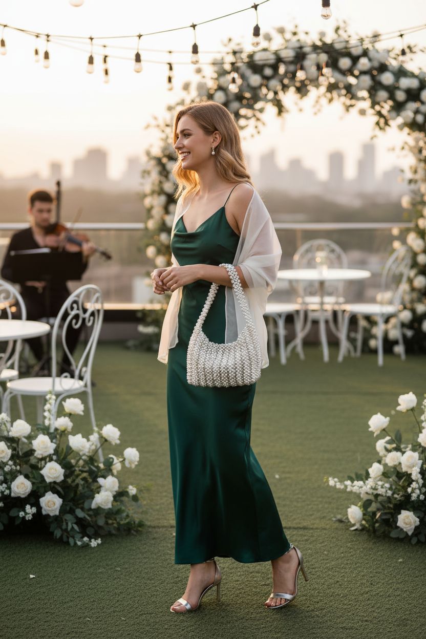 CHIC DIARY pearl shoulder bag underarm purse at a wedding reception, highlighting its classy style.