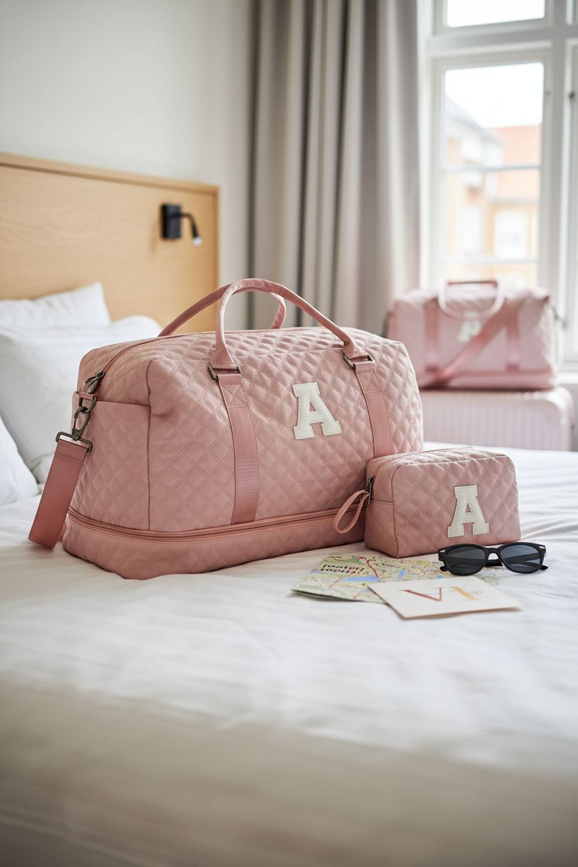 Vogewood pink duffle and cosmetic pouch on white linen in boutique hotel