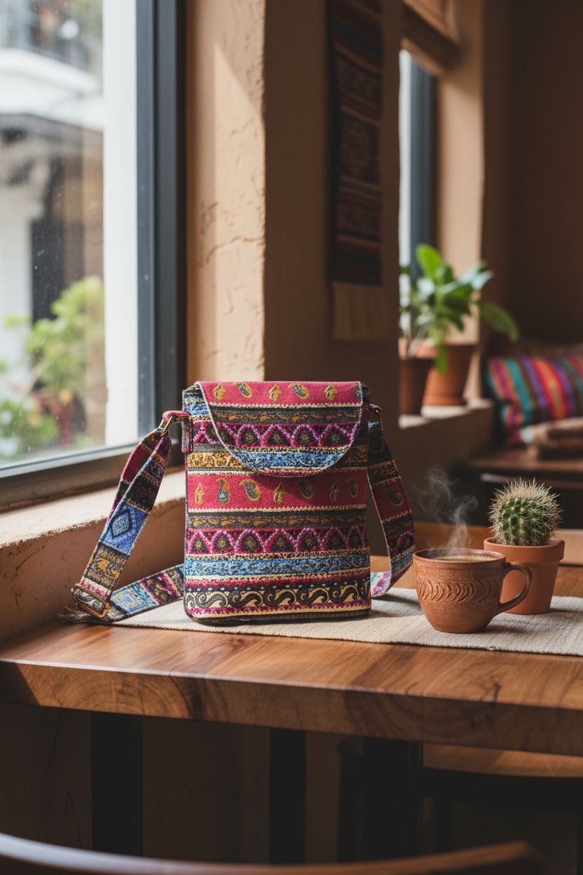 OPQRSTU rose-red crossbody bag on a rustic table with coffee and a cactus.