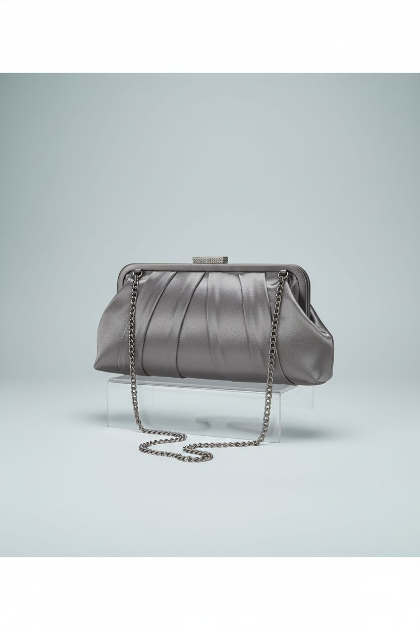 Product shot of CHARMING TAILOR pewter clutch showcasing satin pleats and detachable chain