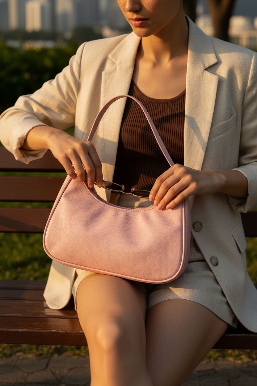 Afashor vegan leather hobo bag in baby pink beside sunglasses on a park bench, sunset backdrop