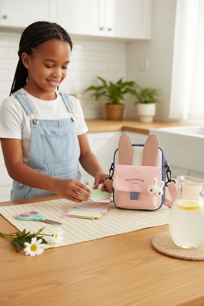 Hiflyer pink bunny purse beside craft supplies in a sunny kitchen nook, perfect for weekend creativity.