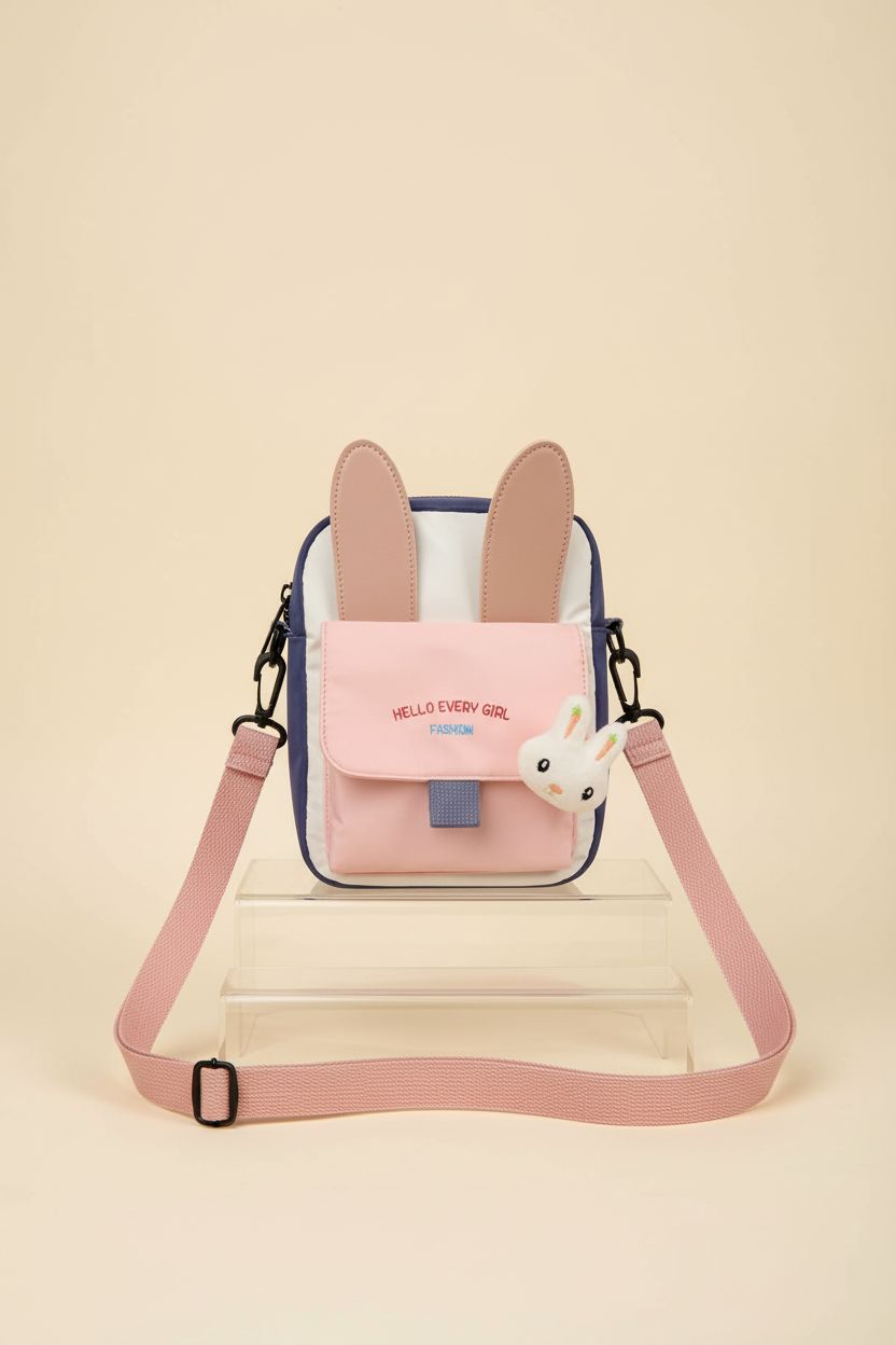 Hiflyer pink bunny purse displayed on a pastel backdrop, highlighting its cute design and quality stitching.