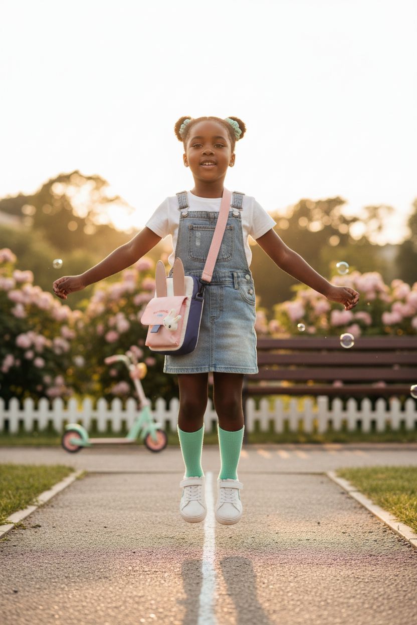 Hiflyer pink bunny purse being used during a playful spring day in the park, bright and cheerful atmosphere.