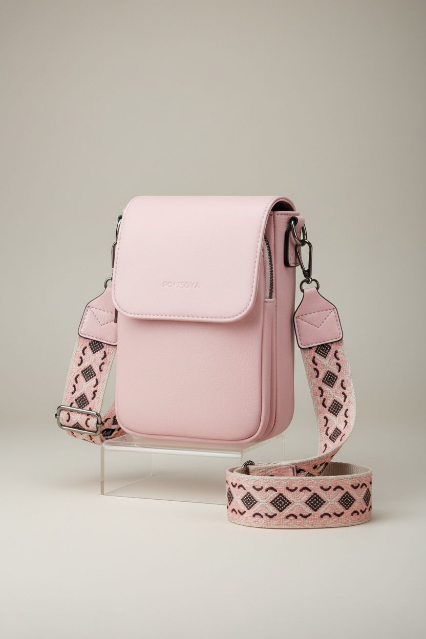 POIUGOYA pink crossbody bag on a studio set, highlighting its quality stitching and sleek design.