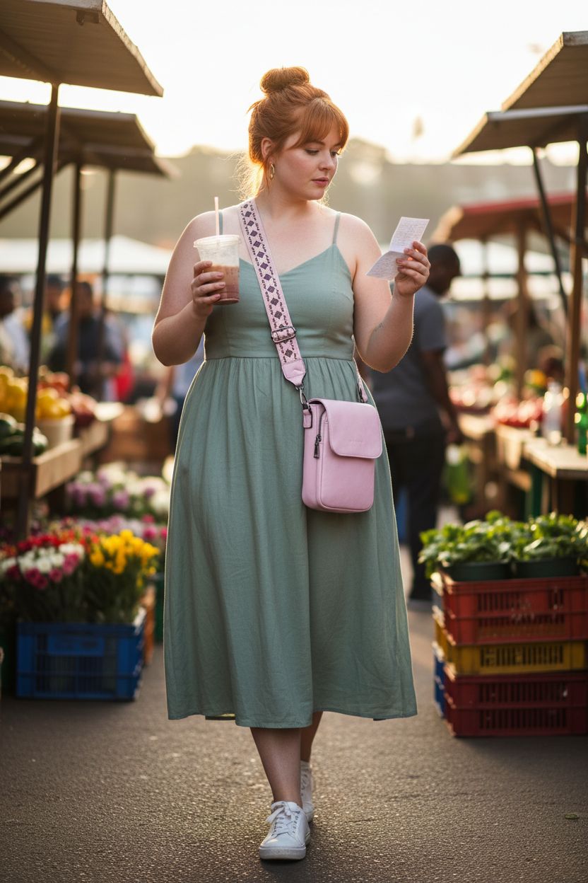 POIUGOYA pink crossbody bag at a farmers' market, styled with a sage-green sundress.