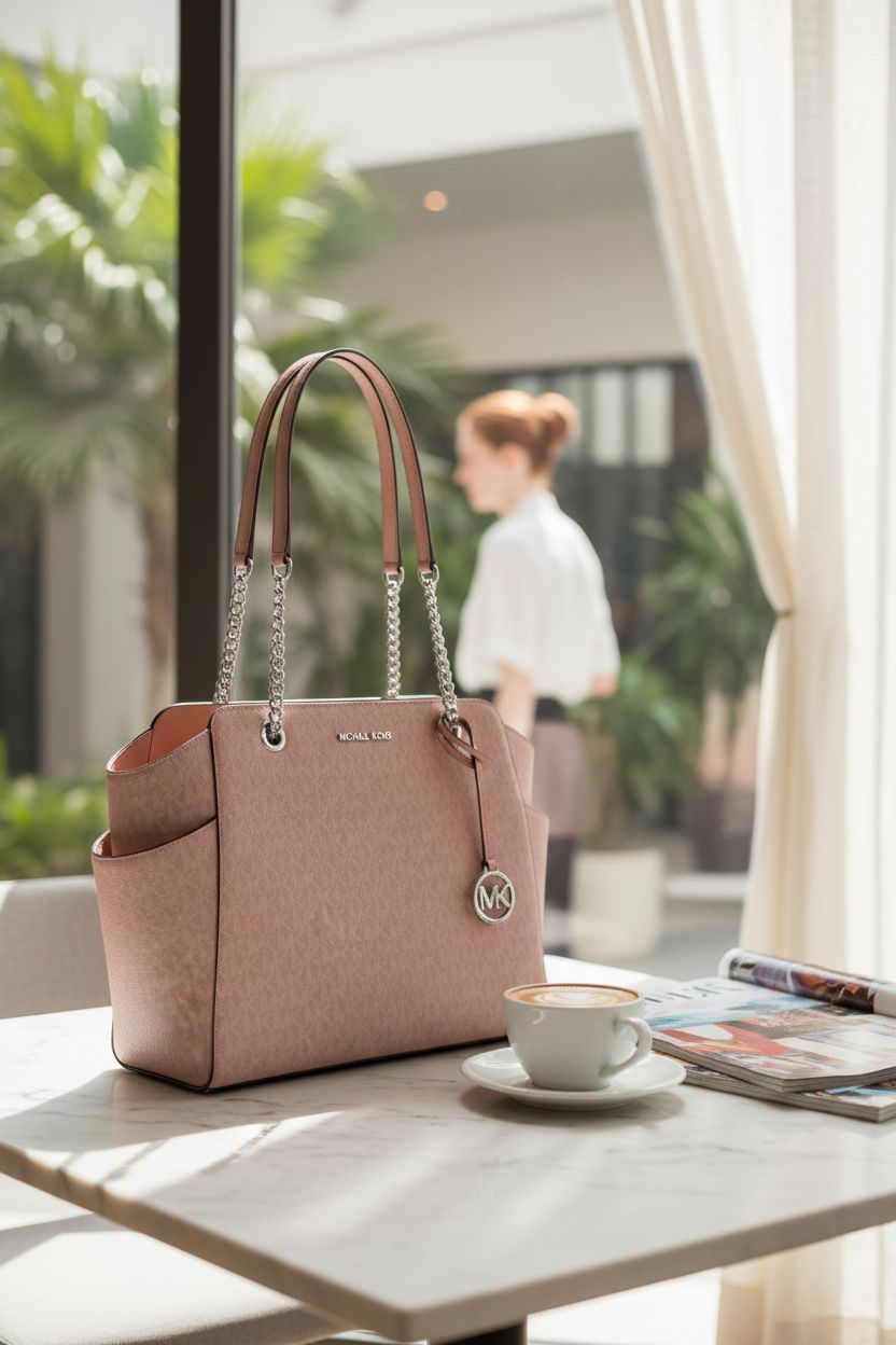 Michael Kors pink designer bag beside a cappuccino in a sunlit café, highlighting its elegant features and texture.