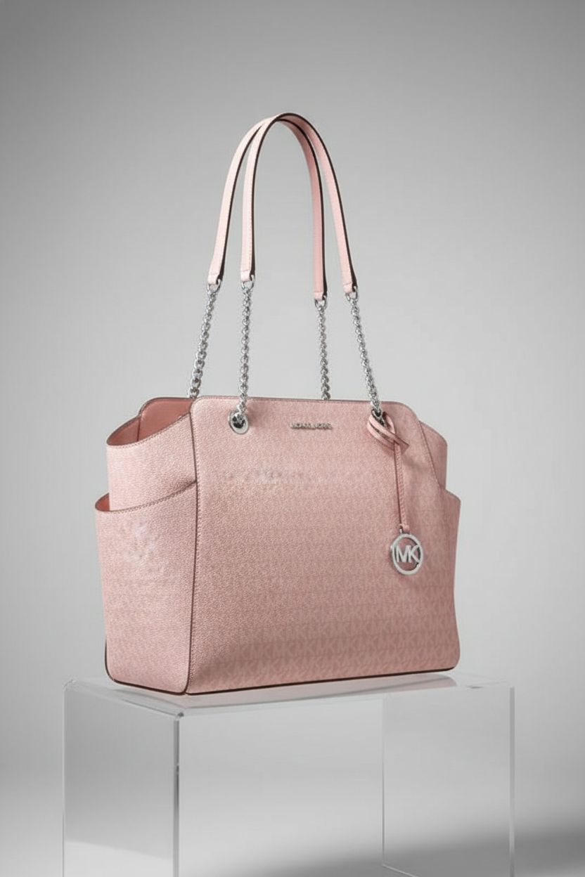Michael Kors pink designer tote on a sleek backdrop, showcasing its refined design and silver-tone hardware.