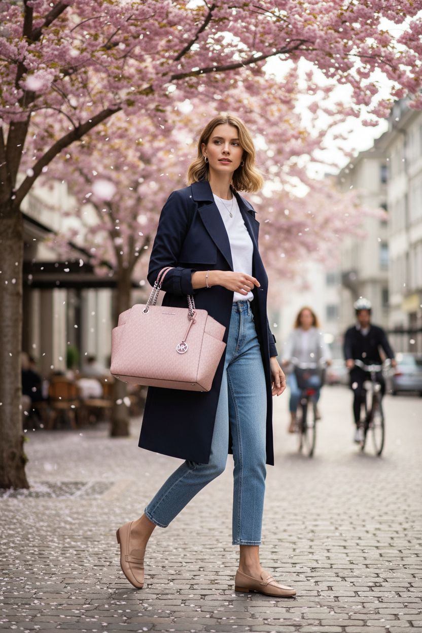 Michael Kors pink designer bag in smokey rose, elegant chain detail, spring setting with cherry blossoms.