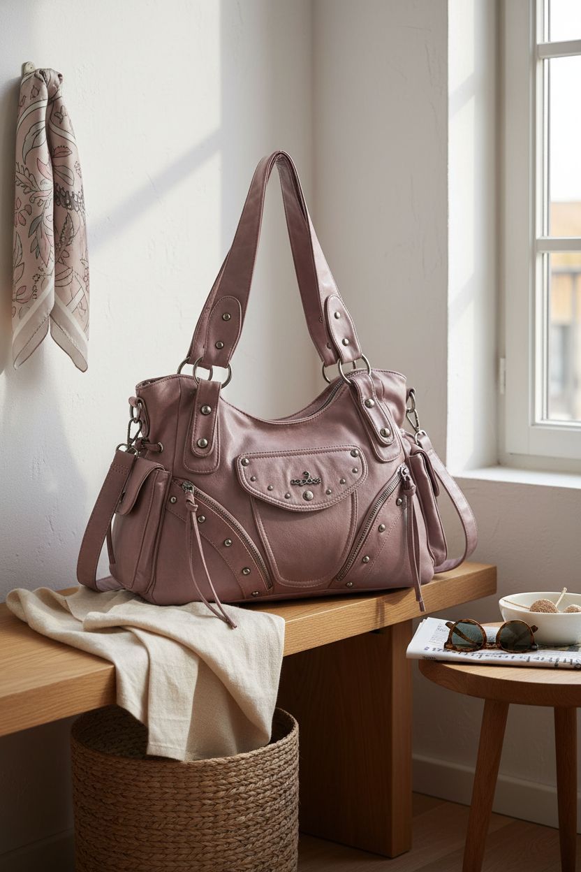 Cozy entryway vignette featuring a pink hobo bag by Angel Kiss on an oak bench