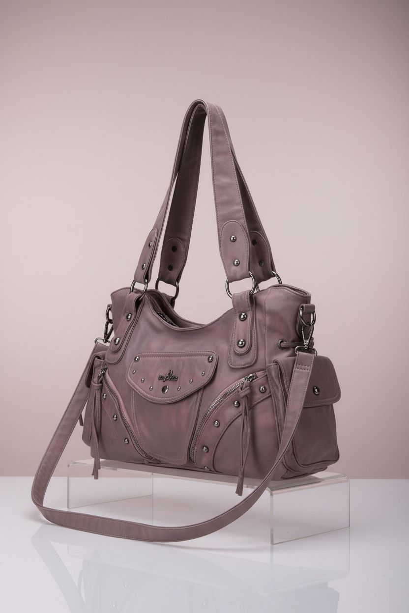 Product shot of Angel Kiss pink leather hobo bag with crossbody strap on a studio backdrop