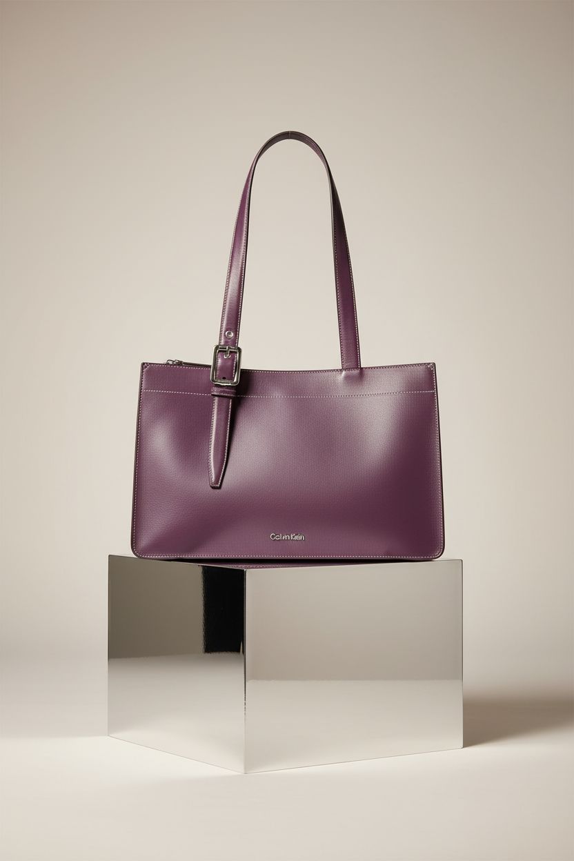 Calvin Klein plum tote bag showcased on gray backdrop, highlighting quality and design