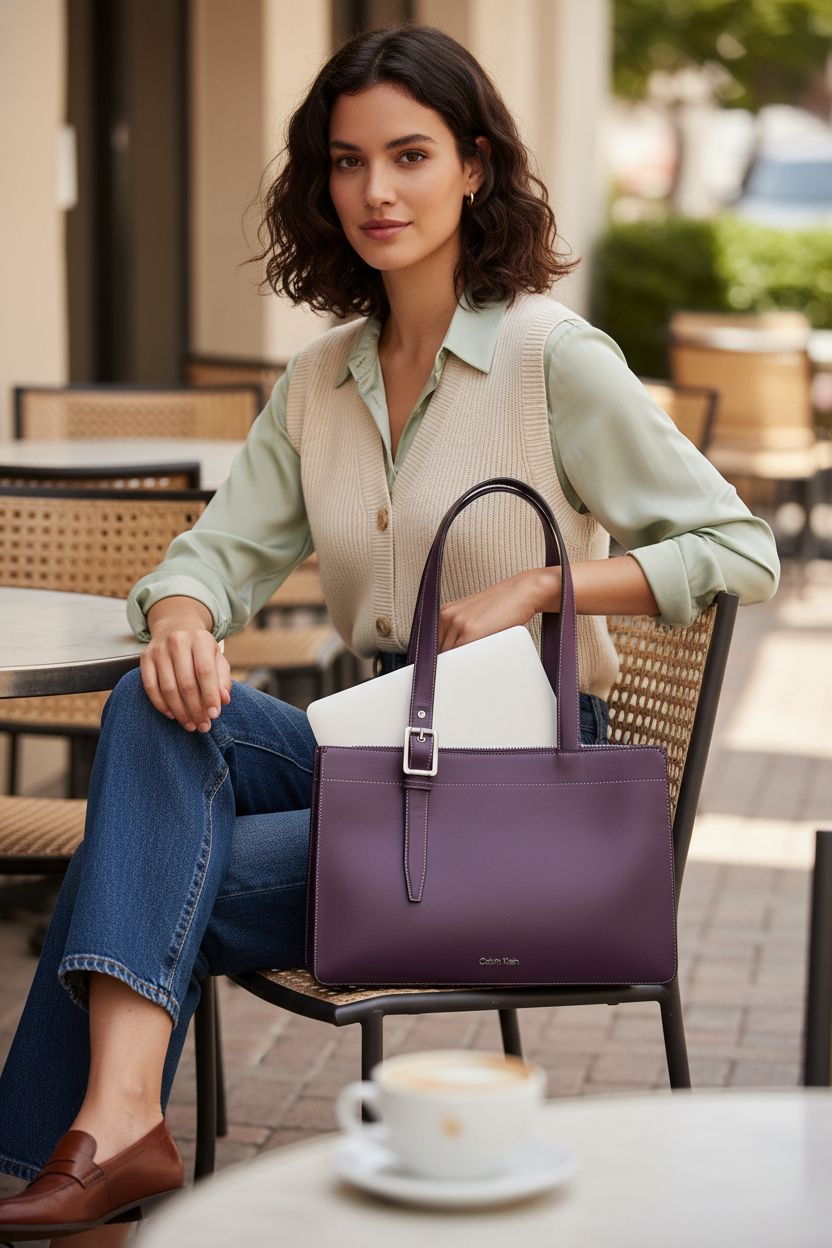Calvin Klein plum tote bag resting on lap at café, ideal for work or leisure