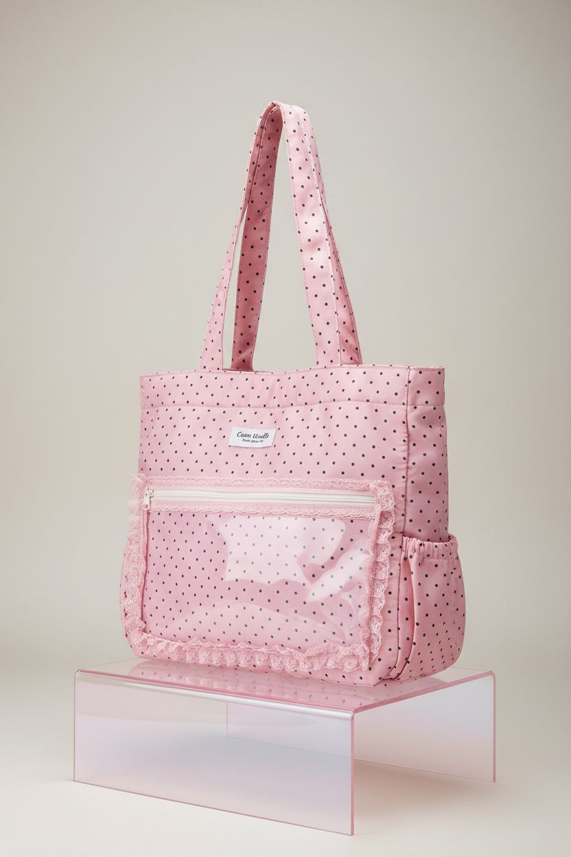 Close-up of Winatehr pink polka dot tote bag highlighting its ruffled edge and quality.