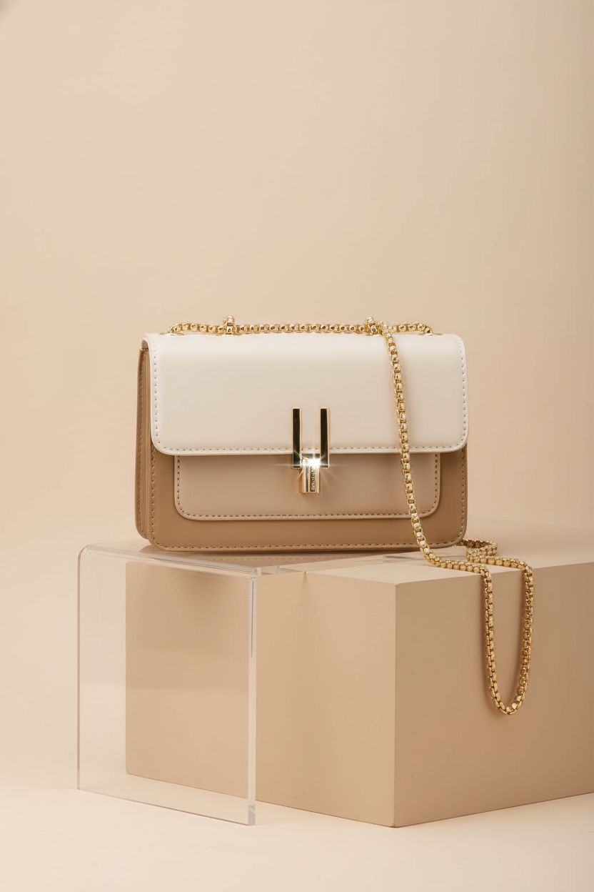 Product-focused image of a stylish beige and white bag with chain by TOP BAND on a light backdrop.