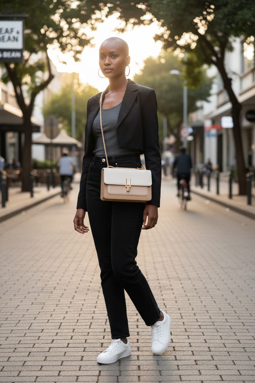 Trendy color-block crossbody bag resting at hip height, by TOP BAND, in a boutique-lined street.