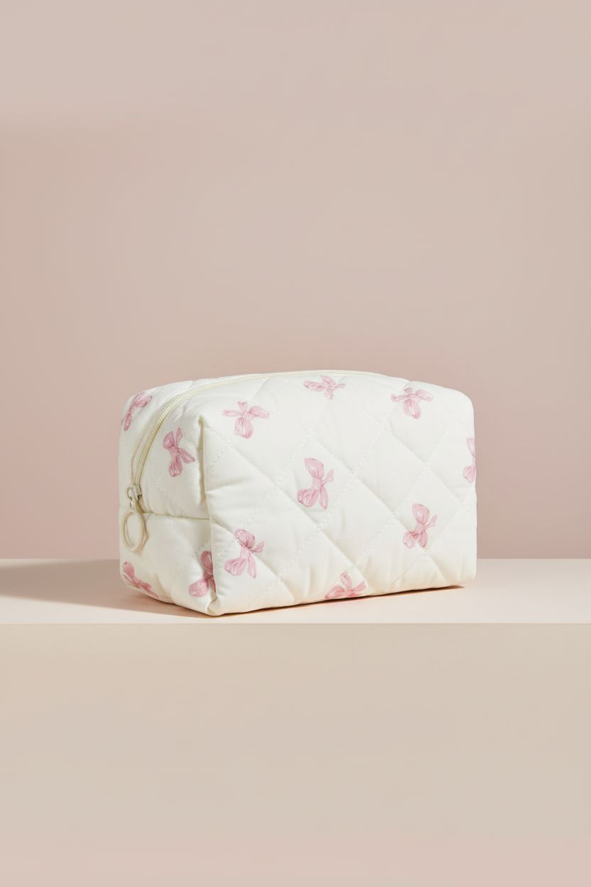 AMZMA Quilted Makeup Pouch displayed on a clean backdrop, highlighting its cute flower design and quality