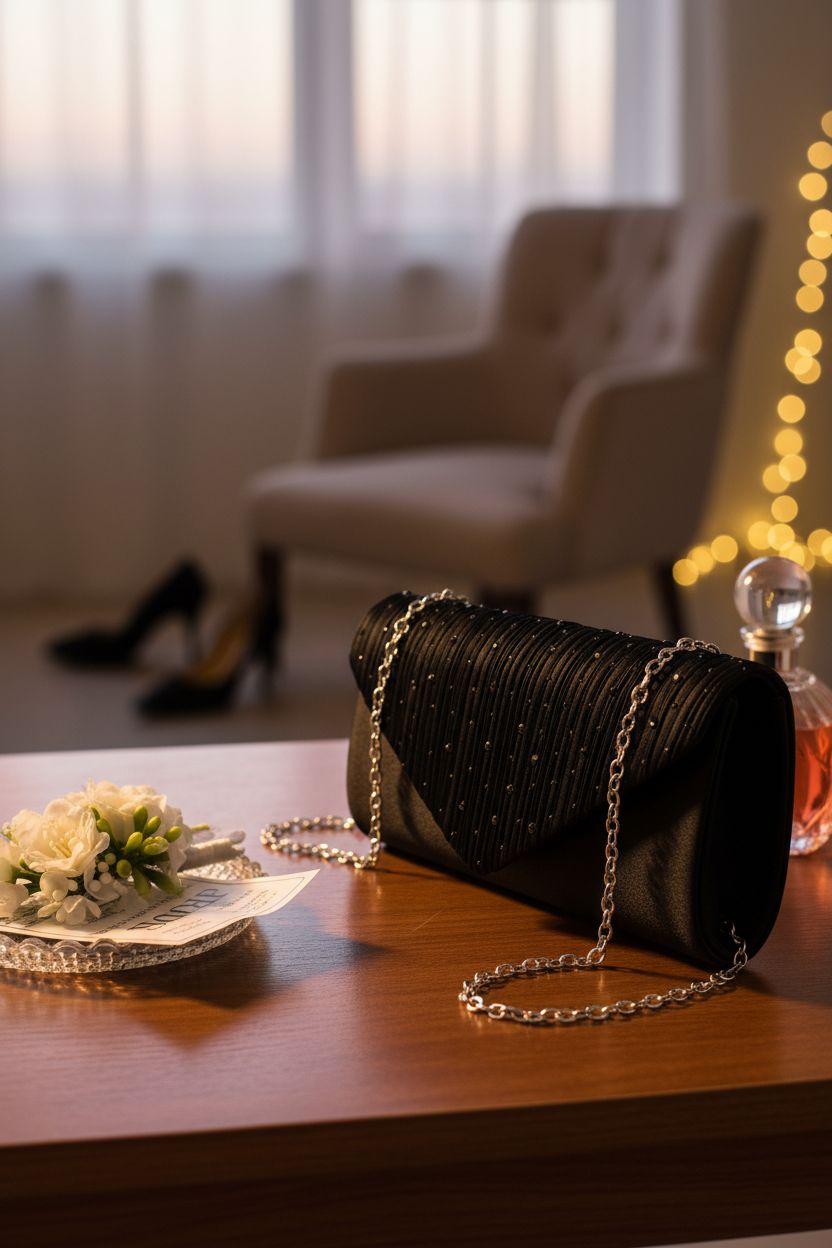 TINDTOP evening clutch resting on a vanity with prom keepsakes and soft lighting.