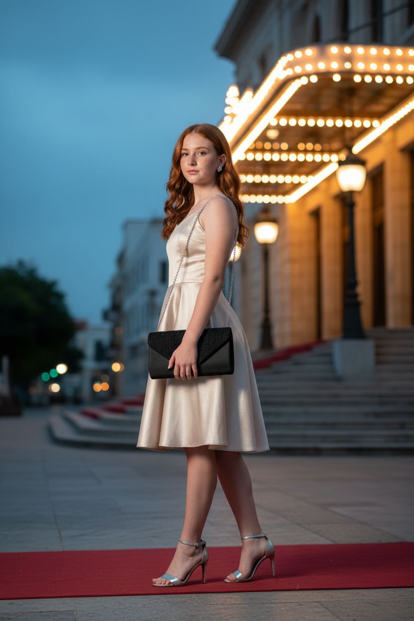 TINDTOP black satin clutch purse at prom night with twinkling lights in the background.