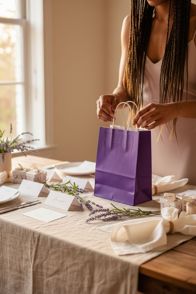 Elegant Oikss purple kraft paper bag on a wedding welcome table with lavender sprigs