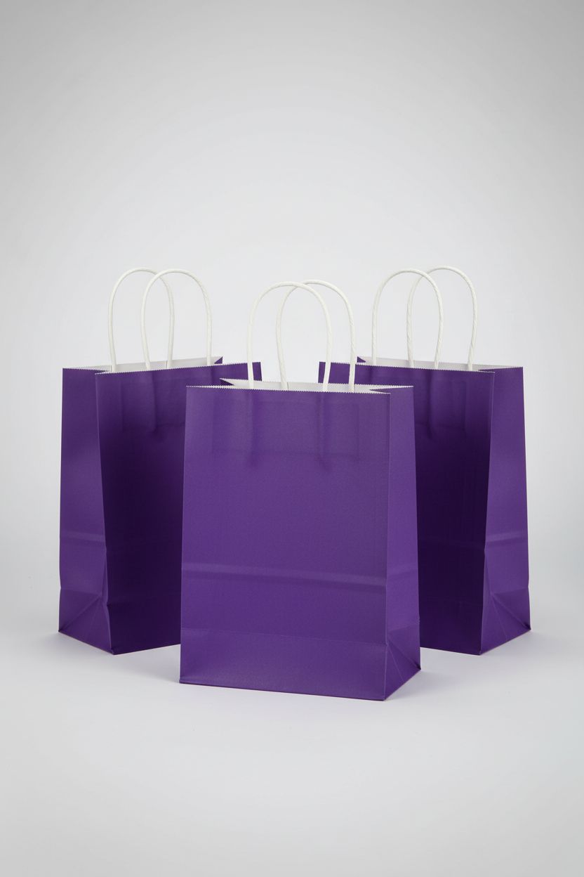 Three Oikss purple kraft paper bags arranged to showcase their bulk count and quality