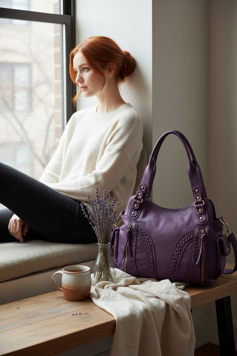 Montana West purple handbag resting by a ceramic mug in a cozy window nook, perfect for relaxation.