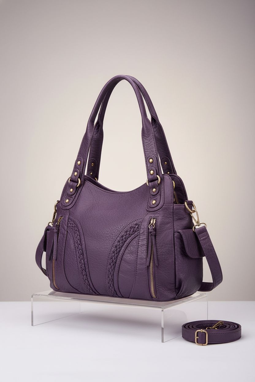 Montana West purple designer handbag displayed elegantly on an acrylic riser, showcasing its features.