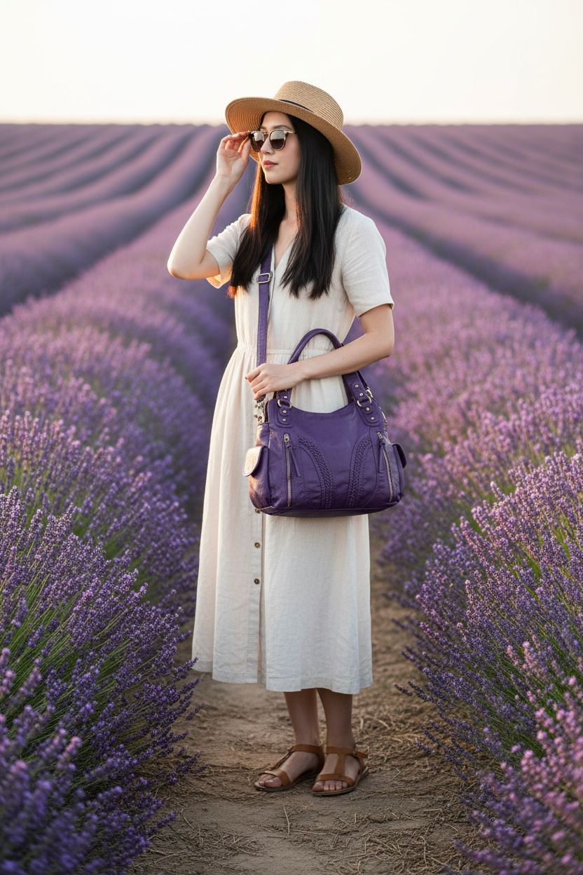 Montana West purple soft-washed leather hobo tote bag against blooming lavender fields.