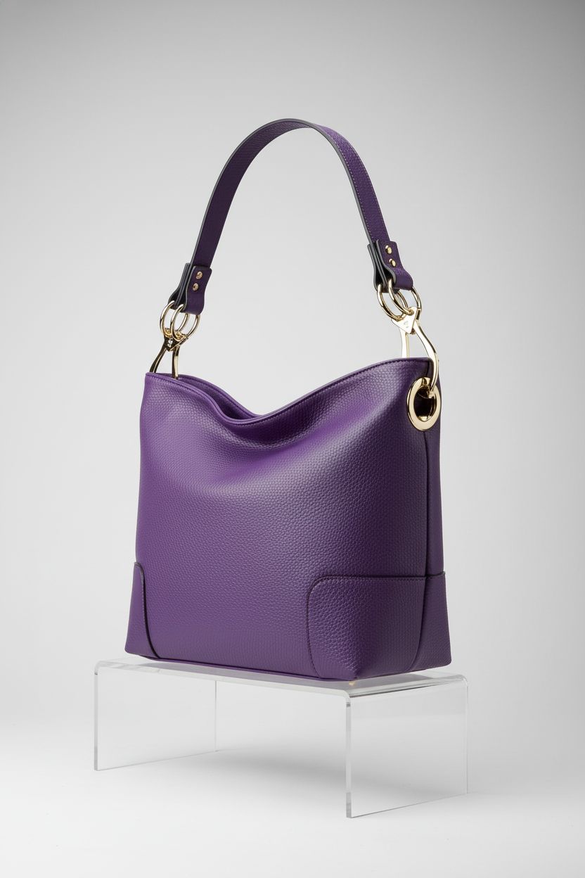 Montana West purple hobo bag on a light gray backdrop, showcasing its pebble-grain leather and refined structure.